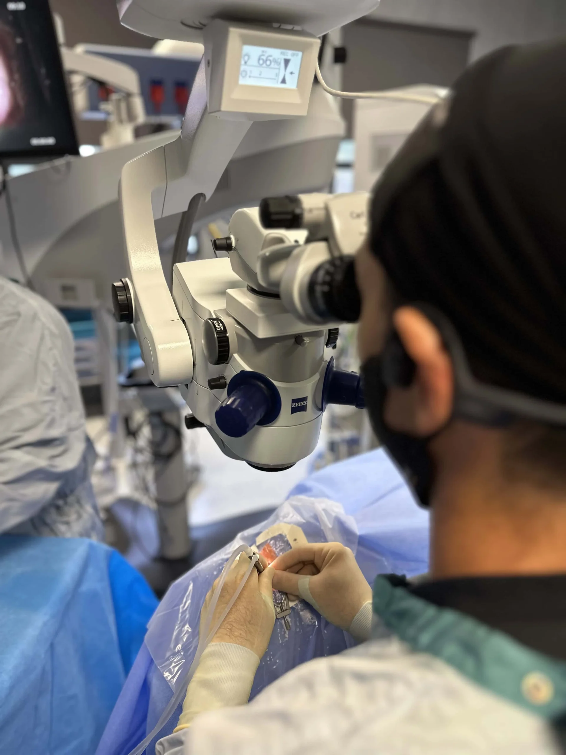 Surgery underway under the operating microscope